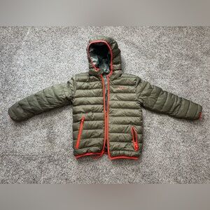 Eddie Bauer reversible Green & camo Puffer Jacket with orange Accents